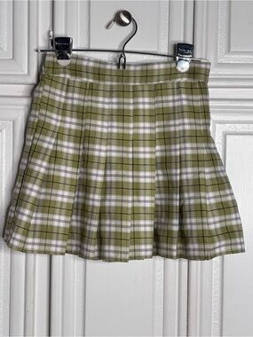 Princess Polly Olive Green and White Plaid Pleated Mini Skirt sz S